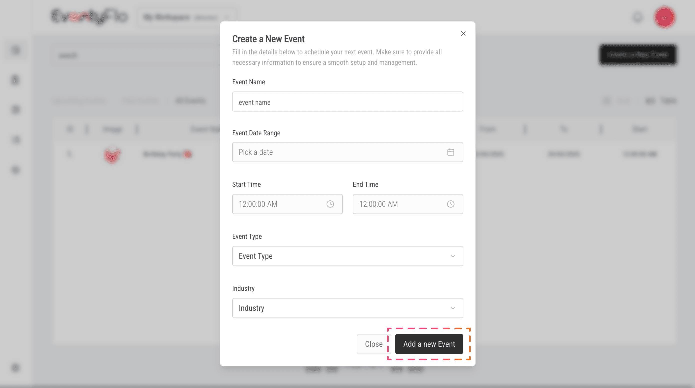 Event Dashboard Create